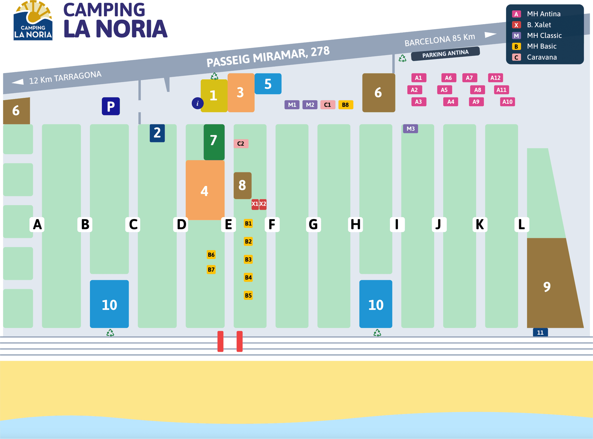Plano de Camping La Noria con bungalows y parcelas en Torredembarra, Costa Dorada